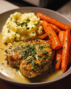 Creamy herb chicken served with mashed potatoes and glazed carrots on a plate