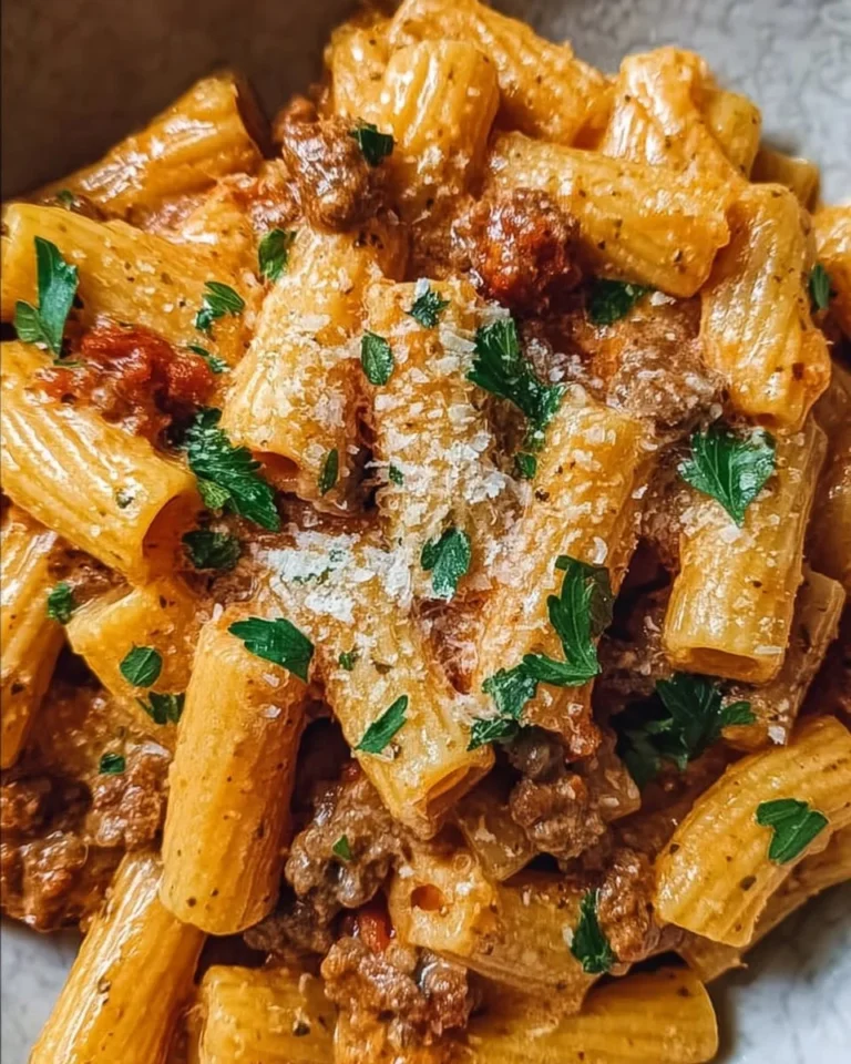 Creamy Italian sausage rigatoni served in a bowl with herbs and cheese