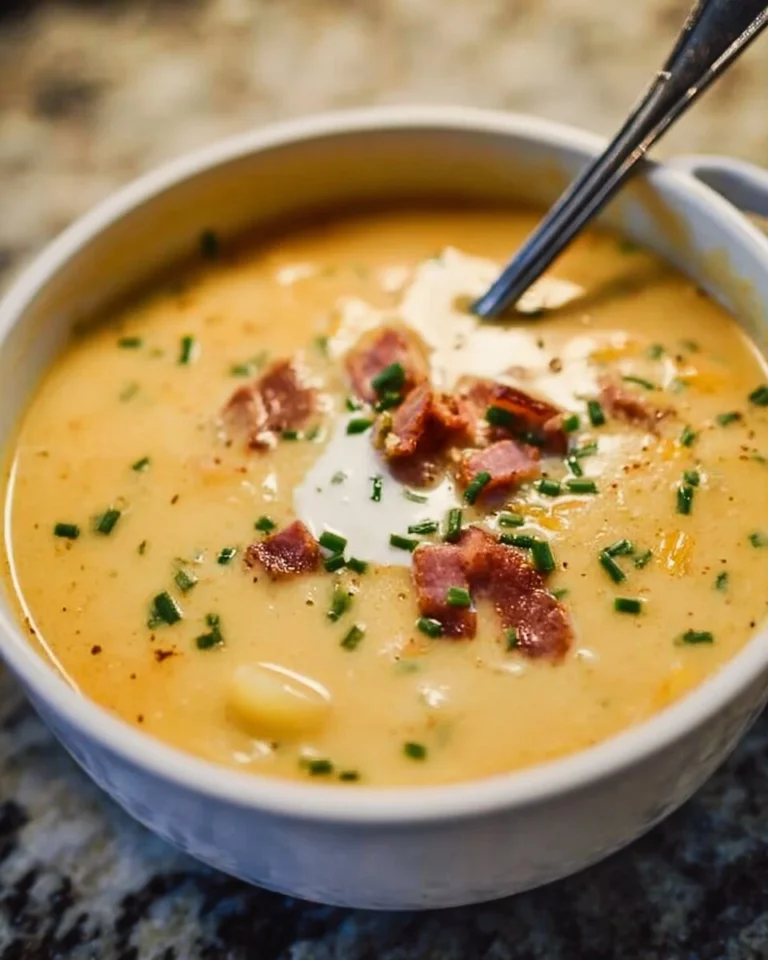 Bowl of creamy loaded potato soup topped with cheese and green onions