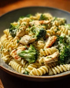 Creamy rotisserie chicken broccoli pasta in a bowl