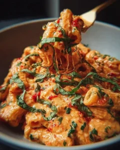 Creamy tomato garlic pasta dish garnished with herbs on a plate.