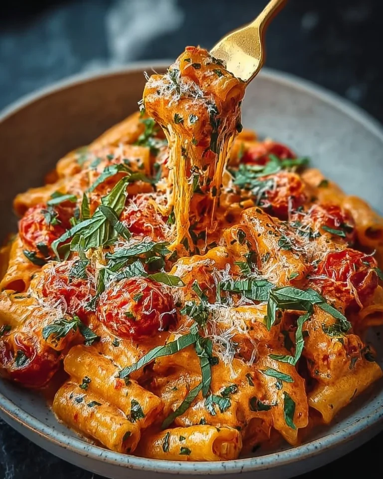 Creamy tomato garlic pasta dish garnished with fresh basil and Parmesan cheese