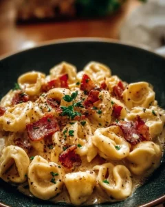 Creamy tortellini carbonara served in a white bowl with grated cheese