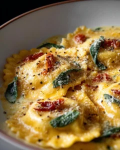 Delicious creamy Tuscan ravioli served with a rich sauce
