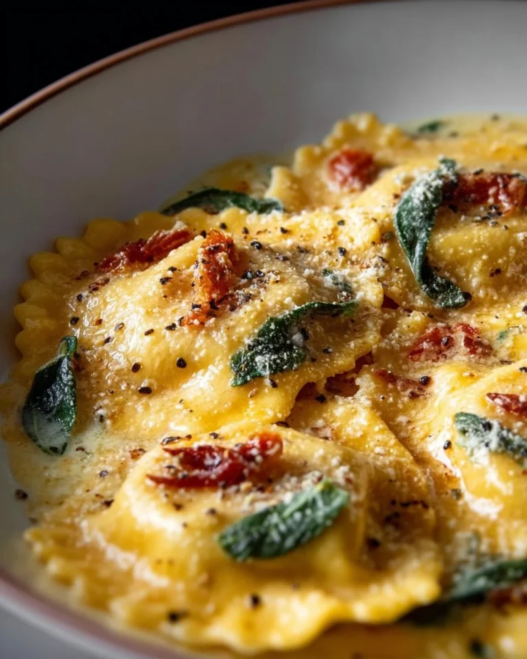 Delicious creamy Tuscan ravioli served with a rich sauce