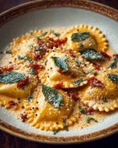 Delicious creamy Tuscan ravioli served with fresh herbs and sauce