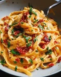 Creamy vegan sun-dried tomato pasta served in a bowl with fresh basil.