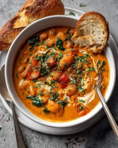 Creamy vegan tomato white bean stew served in a bowl with fresh herbs