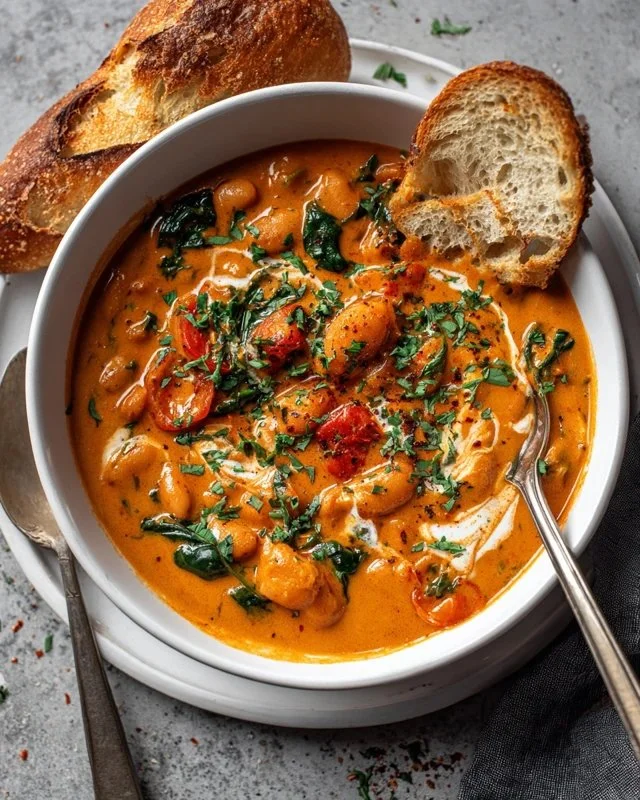 Creamy vegan tomato white bean stew served in a bowl with fresh herbs