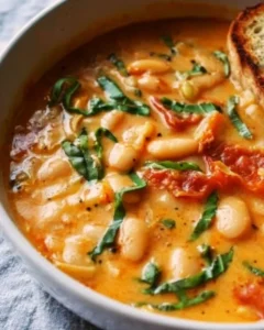 Creamy vegan tomato stew with white beans served in a rustic bowl