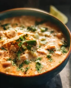 Bowl of creamy white chicken chili garnished with cilantro and lime