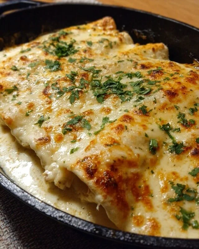 Delicious creamy white chicken enchiladas topped with cheese and fresh cilantro