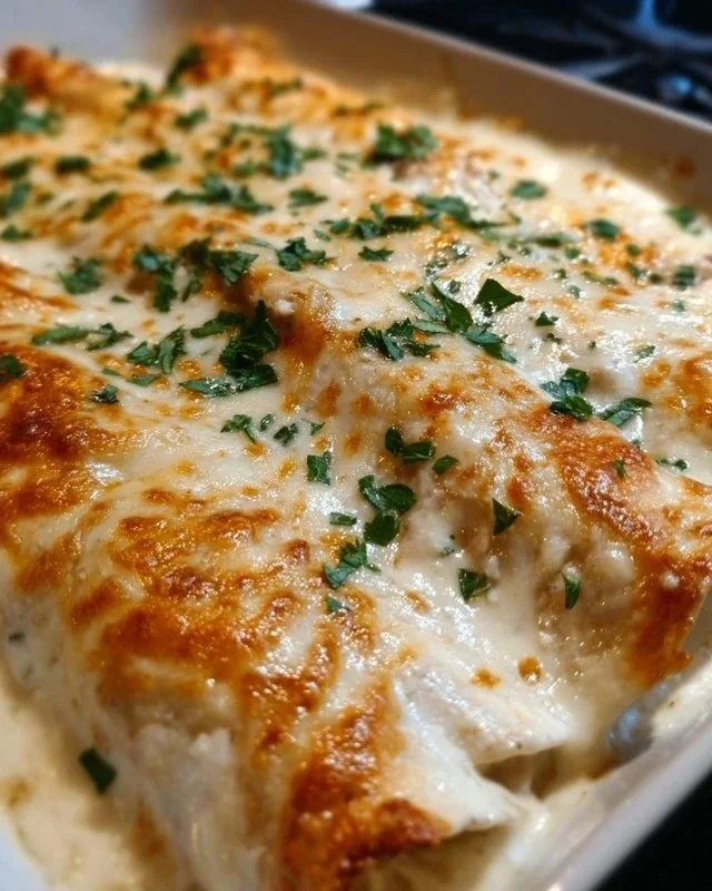 Delicious creamy white chicken enchiladas served on a plate.