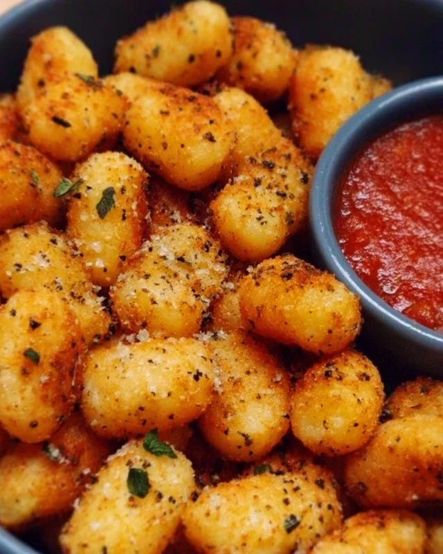 Crispy air fryer gnocchi served with sauce and garnish