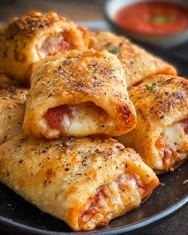 Crispy air fryer pizza rolls served on a plate with dipping sauce