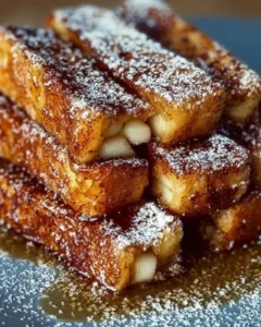 Crispy apple cinnamon French toast sticks served with syrup on a plate
