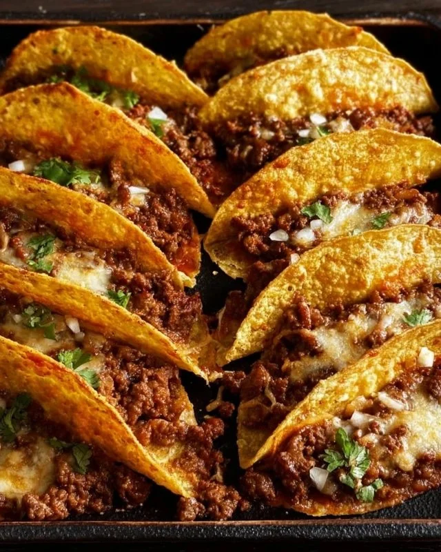 Delicious crispy beef tacos topped with fresh ingredients and salsa