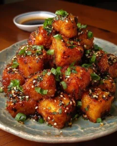 Crispy honey garlic tofu garnished with green onions and sesame seeds
