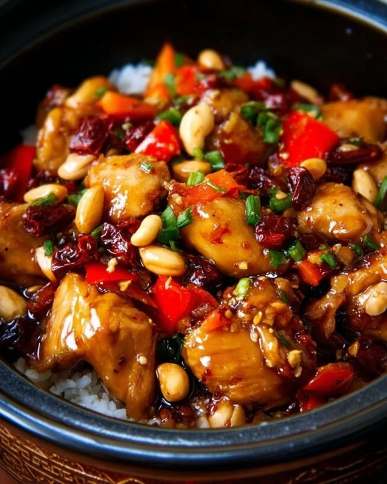 Delicious Crockpot Kung Pao Chicken served with rice and vegetables