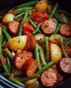 Crockpot Sausage and Green Beans in a slow cooker