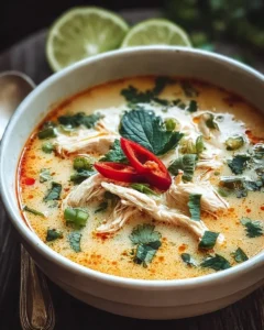 Bowl of Crockpot Thai Coconut Chicken Soup garnished with herbs and lime.
