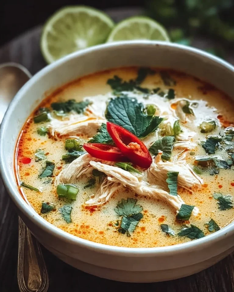 Bowl of Crockpot Thai Coconut Chicken Soup garnished with herbs and lime.