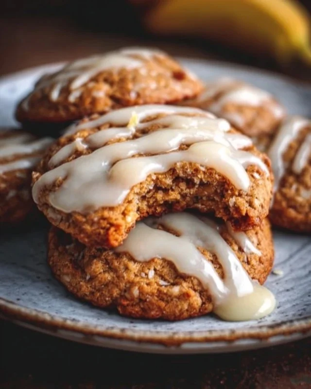 Delicious Crumbl banana bread cookies drizzled with cream cheese glaze