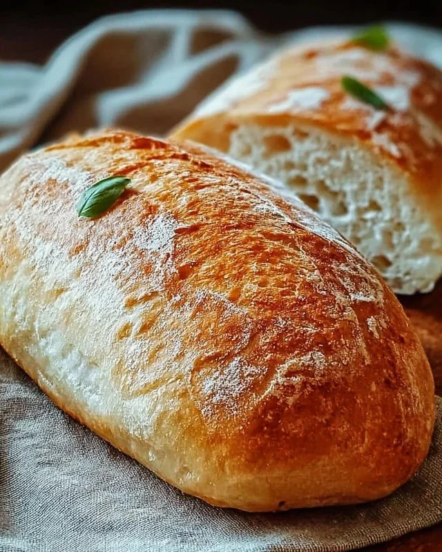 Freshly baked crusty Italian bread on a wooden cutting board