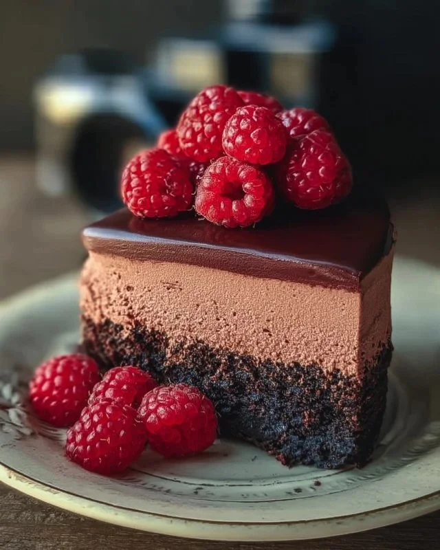 Decadent dark chocolate raspberry mousse cake with rich flavors and smooth texture