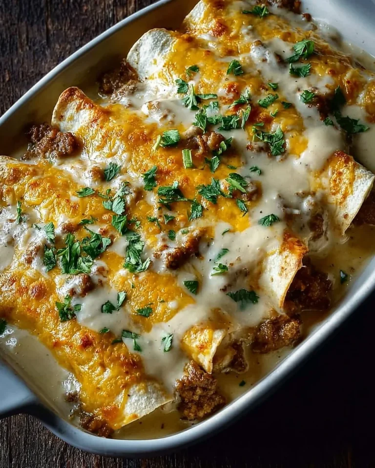 Easy breakfast enchiladas topped with sausage gravy served on a plate.