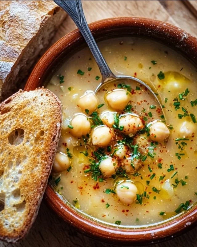 Bowl of delicious garlic chickpea soup garnished with herbs