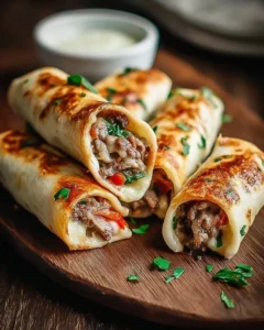 Keto Philly Cheesesteak Roll Ups on a plate, garnished with fresh herbs