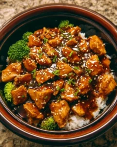 Crockpot Teriyaki Chicken ready to serve in a bowl