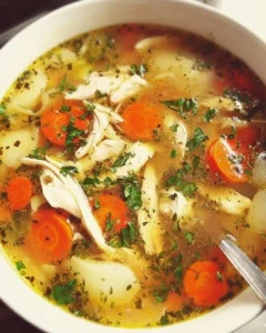 Bowl of easy and healthy homemade chicken soup with vegetables and herbs