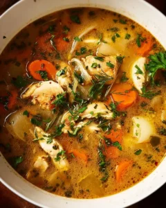 Bowl of easy and healthy homemade chicken soup with fresh ingredients