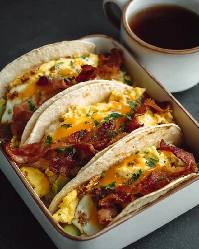 Delicious easy baked breakfast tacos served on a plate with toppings
