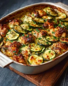 Delicious Easy Chicken Zucchini Bake with cheese and vegetables in a baking dish.