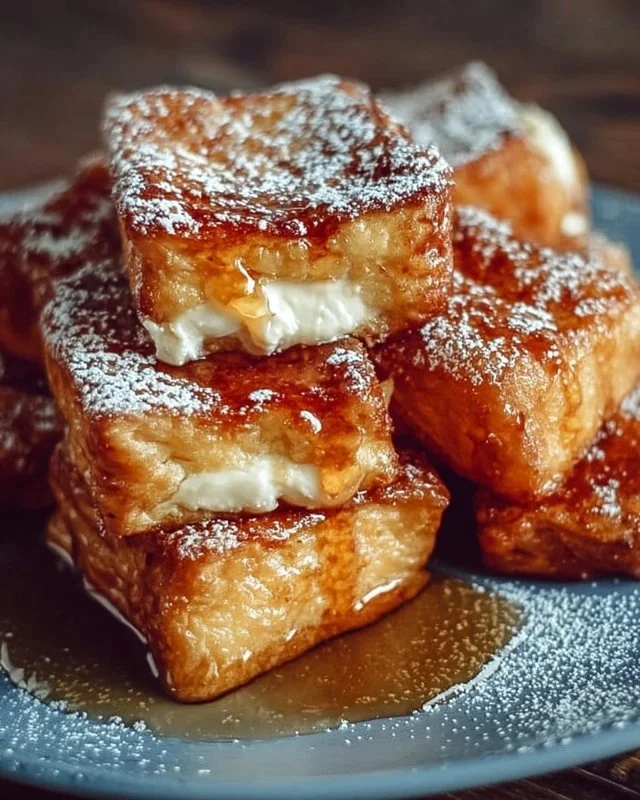 Easy Hawaiian Roll French Toast Bites topped with syrup and fresh fruit
