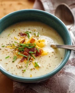 Bowl of easy homemade potato soup topped with herbs and spices