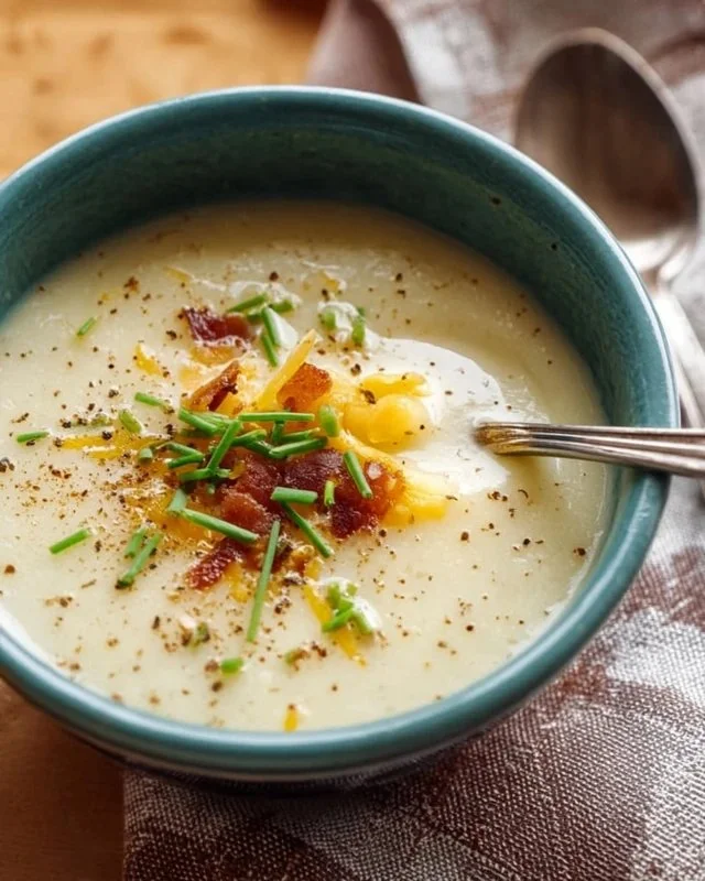 Bowl of easy homemade potato soup topped with herbs and spices