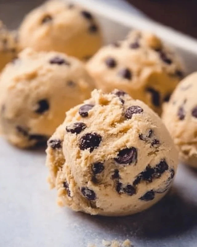 Bowl of edible chocolate chip cookie dough topped with chocolate chips