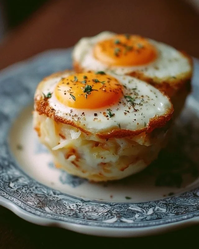 A plate of delicious Eggs Napoleon with creamy sauce and fresh herbs.