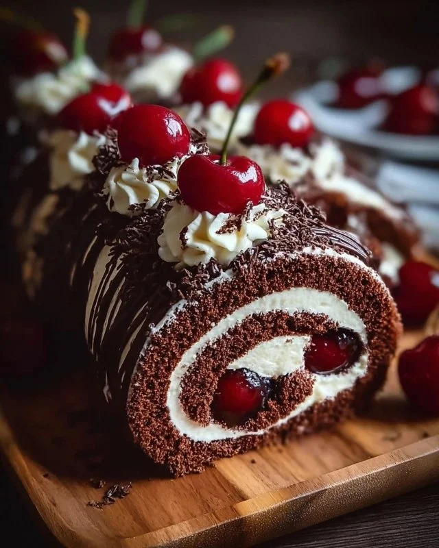 Elegant Black Forest Cake Roll with chocolate layers and cherries