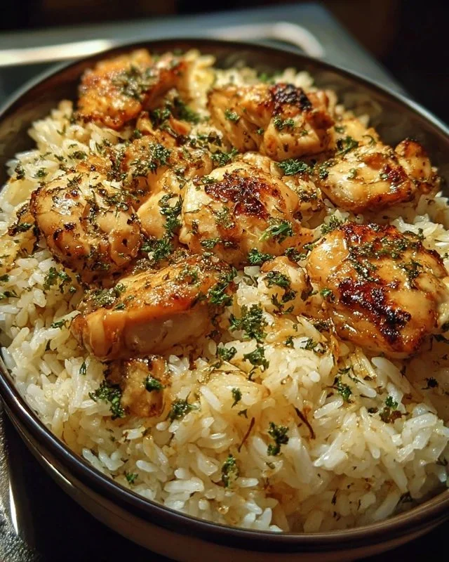Delicious forgotten chicken and rice dish garnished with herbs and served on a plate