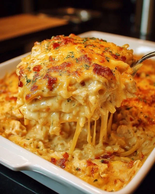 French Onion Chicken Orzo Casserole topped with melted cheese