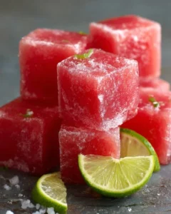 Frozen watermelon cubes with lime in a bowl, refreshing summer treat