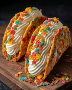 Fruity Pebbles cheesecake tacos served in a colorful dessert plate