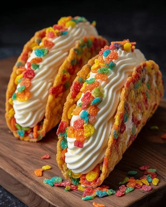 Fruity Pebbles cheesecake tacos served in a colorful dessert plate