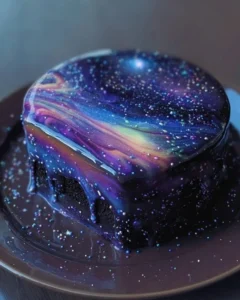 Galaxy Mirror Glaze Cake with vibrant cosmic colors and shiny mirror finish