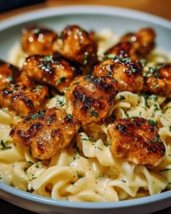 Garlic Butter Chicken Bites served with Savory Creamy Parmesan Pasta